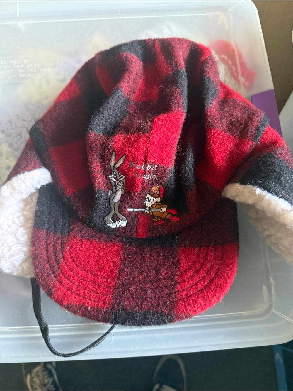 Warner Bros. Red and Black Plaid Earflap Cap with Looney Tunes Embroidery